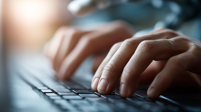 Human and robot hands typing together on a keyboard, tech innovation in AI collaboration, coding culture in human-machine teamwork, software solutions in joint coding, tech partner - Powered by Adobe