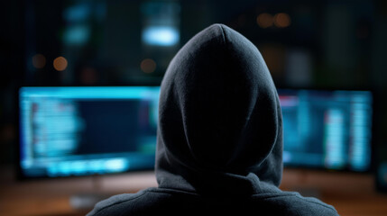 Hooded hacker in a dark room with monitors, tech innovation in cybersecurity, coding culture in cybercrime, software solutions in data protection, global networks , World Coding Da