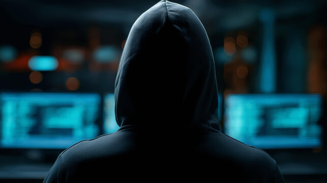 Hooded hacker in a dark room with monitors, tech innovation in cybersecurity, coding culture in cybercrime, software solutions in data protection, global networks , World Coding Da