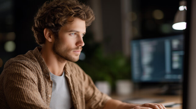 Developer coding scripts in a modern office, tech innovation in cybersecurity, coding culture in focused work, software solutions in script analysis, secure programming , World Cod