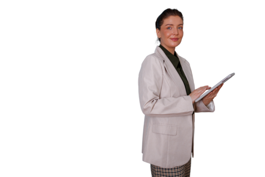Professional businesswoman smiling, holding a digital tablet, interacting with modern technology, isolated on transparent background
