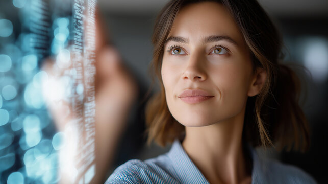 Woman with data overlay analyzing interfaces, tech innovation in big data, coding culture in analytics, software solutions in AI tech, high-tech environments , World Coding Day