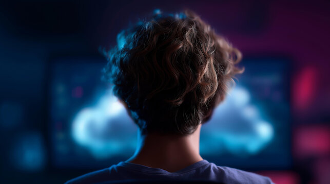 Rear view of coder with cloud tech graphics, tech innovation in cloud computing, coding culture in tech visualization, software solutions in cloud design, coding support , World Co