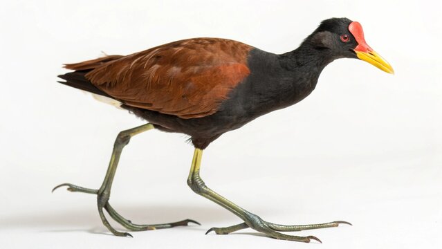 Northern Jacana bird isolated on white studio background, full body side view, showing long legs, toes, and colorful plumage, high-quality wildlife studio photography