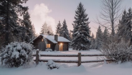 Cozy cabin nestled in a snowy forest, smoke rising under a serene, pastel-colored sky