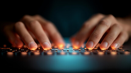 Coder with hands on keyboard and glowing code, tech innovation in tech creation, coding culture in programming focus, software solutions in code development, tech artistry , World