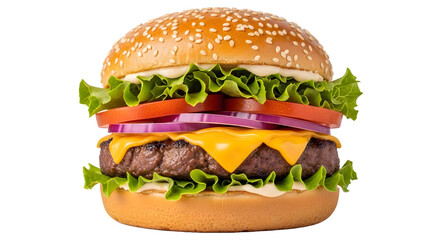 Sesame Seed Burger Fresh Ingredients Lettuce Tomato Red Onion Beef Patty Cheese American Classic Transparent Background Backdrop