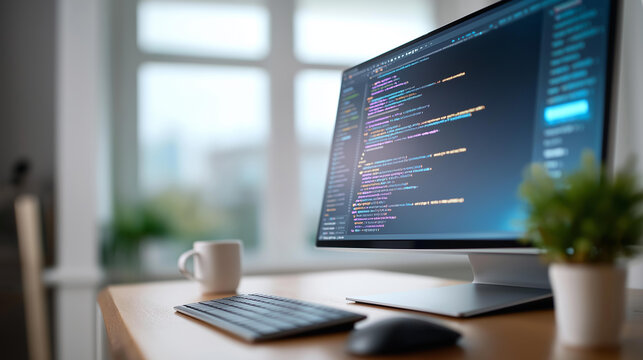 Dynamic coding and app development on a modern monitor, tech innovation in programming visuals, coding culture in engineering excellence, software solutions in app design, tech dis