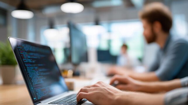 Team coding in a creative workspace with blurred background, tech innovation in team synergy, coding culture in collaborative spaces, software solutions in project work, tech hubs