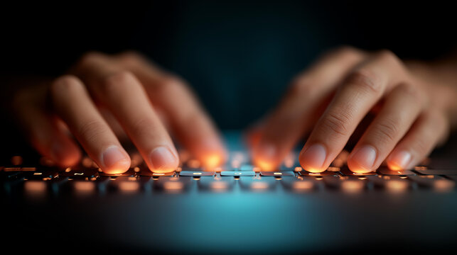 Coder with hands on keyboard and glowing code, tech innovation in tech creation, coding culture in programming focus, software solutions in code development, tech artistry , World