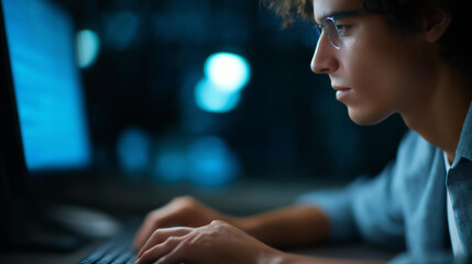 Person typing code on a blue-lit monitor, tech innovation in focused coding, coding culture in concentration zones, software solutions in script development, tech focus , World Cod