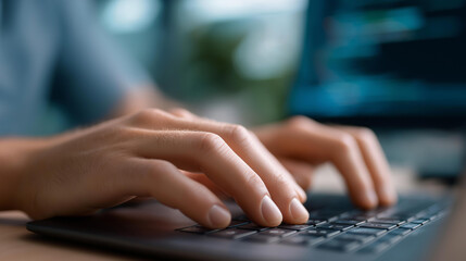 Close-up of coder typing with code on screen, tech innovation in software development, coding culture in coding focus, software solutions in script work, tech workspaces , World Co