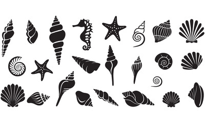 Seashell Silhouette Vector Collection | Marine Shell, Seahorse & Starfish Clipart Set
