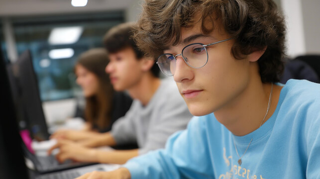 Students coding intensely in a tech bootcamp, tech innovation in education, coding culture in learning environments, software solutions in tech training, innovative learning , Worl