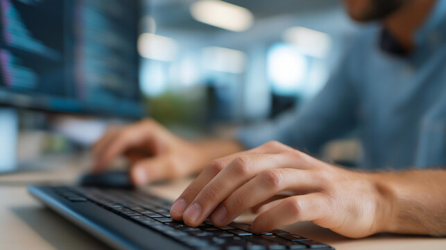 Close-up of coder typing with code on screen, tech innovation in software development, coding culture in coding focus, software solutions in script work, tech workspaces , World Co