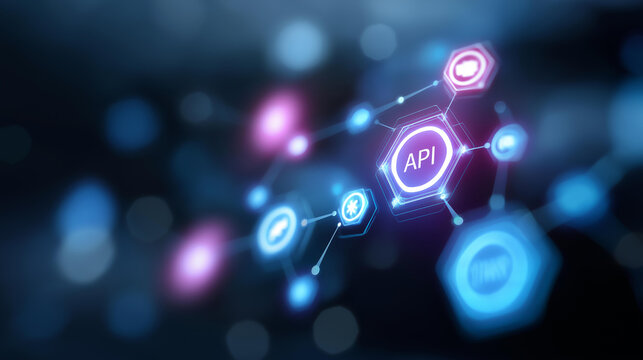 Futuristic interface with API icons connected, tech innovation in software integration, coding culture in data exchange, software solutions in tech connectivity, digital systems ,