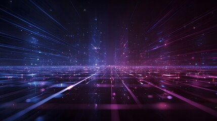 Digital information streams illuminate a futuristic abstract grid environment