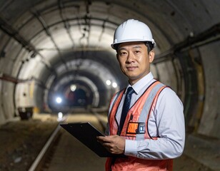Civil Engineering Worker Inspecting Underground Tunnel Construction