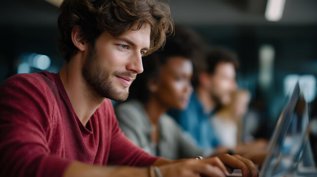Group of coders collaborating and testing apps in a sleek tech hub, tech innovation in team dynamics, coding culture in modern workspaces, software solutions in app development, co