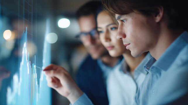 Business team analyzing financial graphs on a virtual screen, tech innovation in data strategy, coding culture in business analytics, software solutions in financial tech, data ins