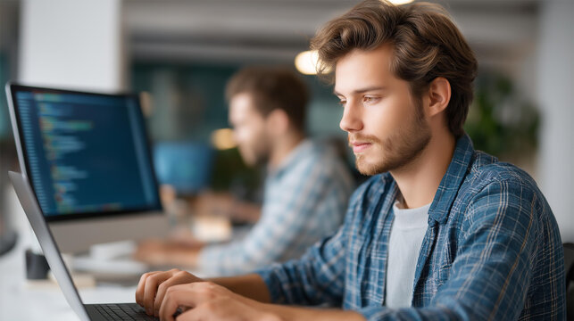 Developers coding a new project in an office, tech innovation in team projects, coding culture in collaborative coding, software solutions in application design, office tech , Worl