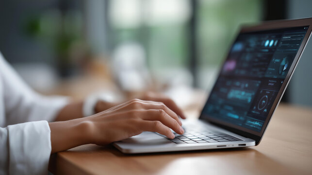 Person using laptop with AI chatbot analysis, tech innovation in AI tech, coding culture in social media tools, software solutions in data interaction, digital assistance , World C