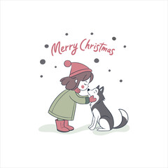 Cute Girl with Dog Merry Christmas Illustration – Winter Holiday Greeting Card Design