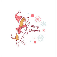 Cute Dog in Santa Hat and Scarf – Merry Christmas Greeting Card Illustration