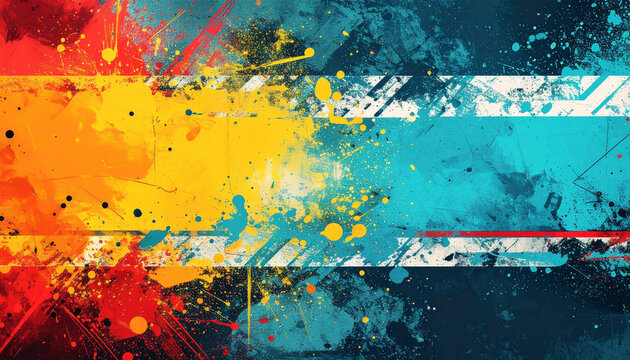 Abstract triptych paint explosion with warm-to-cool gradient, vivid splatters, white diagonal stripes and a red line for dynamic mixed-media impact.