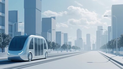 Autonomous public transport moves along an empty road in a futuristic city setting, showcasing smart urban mobility animation - Powered by Adobe