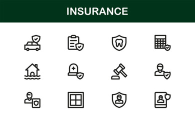 Professional Insurance Icons with Minimal Line Art Highlighting Policy, Coverage, Claims, and Risk Symbols