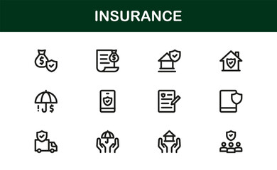 Professional Insurance Icons with Minimal Line Art Highlighting Policy, Coverage, Claims, and Risk Symbols