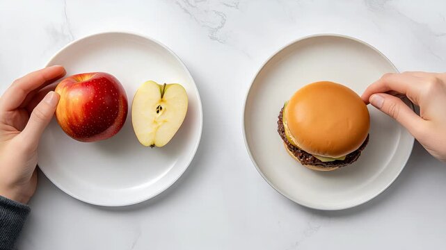 Two plates display an apple and a half-cut apple beside a burger, illustrating the contrast between healthy and indulgent food choices