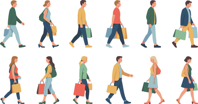 Diverse group of men and women walking with shopping bags, illustrating consumerism and retail activity.
