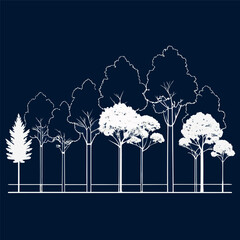 Architectural Drawings, Minimal style cad tree line drawing, Side view, set of section wetland forest outline for landscape design drawing. Vector illustration in seperate element