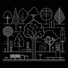 Architectural Drawings, Minimal style cad tree line drawing, Side view, set of section wetland forest outline for landscape design drawing. Vector illustration in seperate element