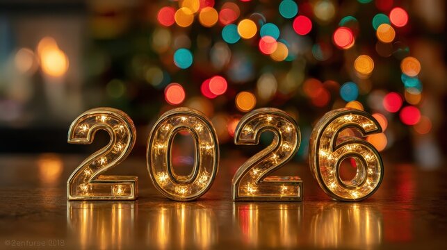 Golden marquee light numbers 2026 glow on a reflective table with sparkling christmas bokeh, evoking new year celebration, festive goals, prosperity and hopeful beginnings