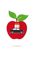 Car with a gift on top inside a stylized red apple with green leaves, graphic