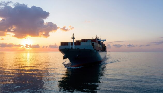 Cargo ship sailing on ocean at sunset