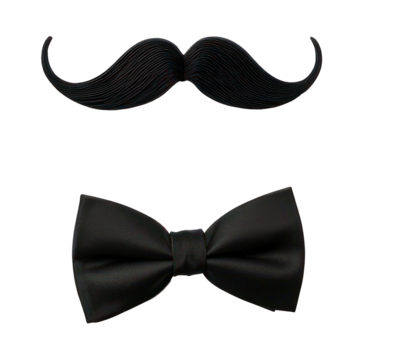 A minimalist display of a bowtie, glasses, and mustache. full length isolate on transparent background