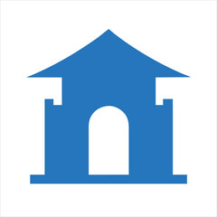 Temple silhouette vector with curved roof and entrance gate in blue color