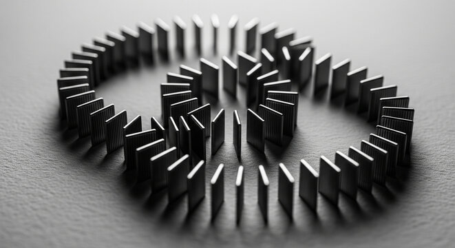 Interlocking rings of dominoes: conceptualizing partnership, connection, and system integrity
A striking, low-key, black and white photograph featuring two perfectly formed, interlocking circular