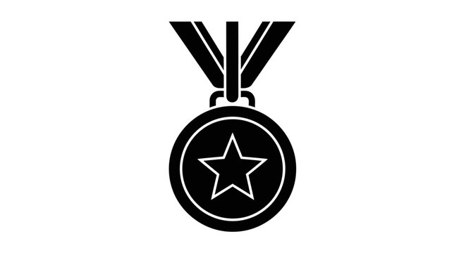 Black silhouette icon of a winner's award medal with a star hanging from a ribbon.