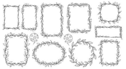Creative collection of hand-sketched frames decorated with leaves, including circular, oval, and rectangular border designs.