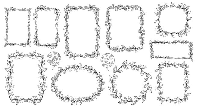 Creative collection of hand-sketched frames decorated with leaves, including circular, oval, and rectangular border designs.