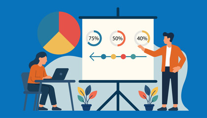 Dynamic business team collaborates on modern data presentation with charts and graphs, fostering growth and success in a vibrant office environment.