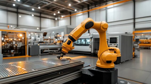 Advanced robotic arm performs intricate cutting tasks in a highly automated workspace, showcasing modern technology in action