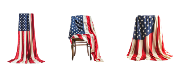 Collection of American flag draped over a chair, with a simple yet elegant presentation. full length isolate on transparent background