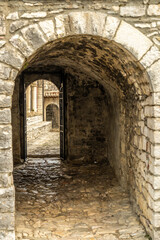 Obraz premium Dunkler Steinbogen führt zu gepflasterter Gasse in historischem Viertel, Berat, Bezirk Berat, Albanien