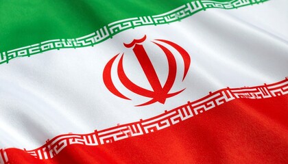 Iranian national flag with green, white, and red stripes featuring emblem and Kufic script on silky fabric.